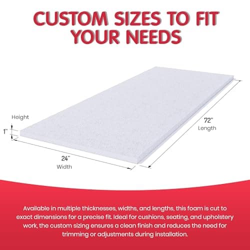FOAMYFOAM High Density 3 inch Thick, 24 inch Wide, 72 inch Long Upholstery Foam, Cushion Replacement