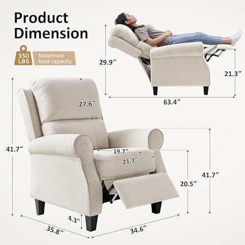 Oversized Recliner Chair for Living Room, Modern Reclining Sofa Home Theater Seating with Upholstered Push Back, Mid-Century Reclining Armchair with Lumbar Support, Bedroom, Reading Nook, Office