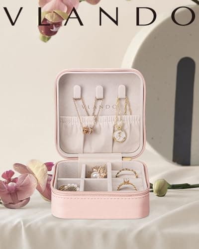 Vlando Travel Jewelry Case - Teacher Appreciation Gifts - Small Jewelry Travel Organizer Box Travel Essentials Christmas Gift for Women Girl - Pink