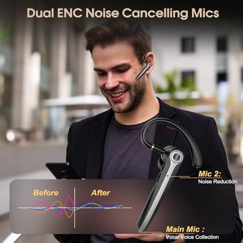 Atheewon Bluetooth Headset, Wireless Bluetooth Earpiece with ENC Noise Canceling Mic, 120Hrs Talk Single-Ear Headphones, LED Display, IPX7, V5.4 Hand-Free Earphone for Business/Trucker/Driver, Black