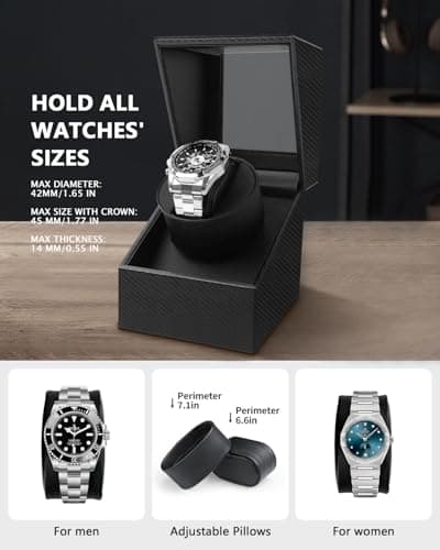 UnaMela Watch Winder for Automatic Watches: Automatic Single Watch Winder Box, Rotating Watch Case in Black Carbon Fiber Leather, Watch Rotator with Japanese Quiet Motor, Battery Powered or AC Adapter