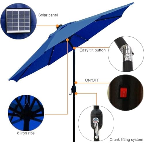 Blissun 9 ft Solar Umbrella 32 LED Lighted Patio Umbrella Table Market Umbrella with Tilt and Crank Outdoor Umbrella for Garden, Deck, Backyard, Pool and Beach (Navy Blue)