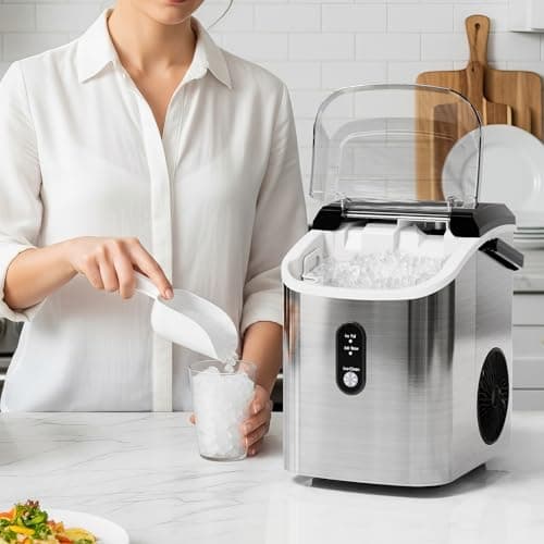 Antarctic Star Nugget Ice Makers Countertop with Auto-Cleaning, 35lbs/Day, Portable Sonic Ice Machine with Handle, Basket and Scoop for Home/Kitchen/Office/Camping(Stainless Steel Silver)