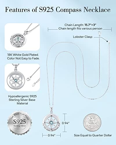 S925 Necklace Gift for Wife |Compass Jewelry |Women Anniversary |Sterling Silver |Girlfriend Birthday Gifts for Her Valentines |I'd be Lost without You |Jewel 18K Gold