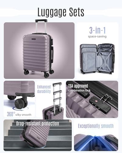 LIGHT FLIGHT Luggage Sets, 3 Piece Durable Suitcase Set with Spinner Wheels, 3 Pcs Hardside Lightweight luggage with TSA Lock, Large Checked Travel Suitcases, 20/24/28 Inch, Rose Purple