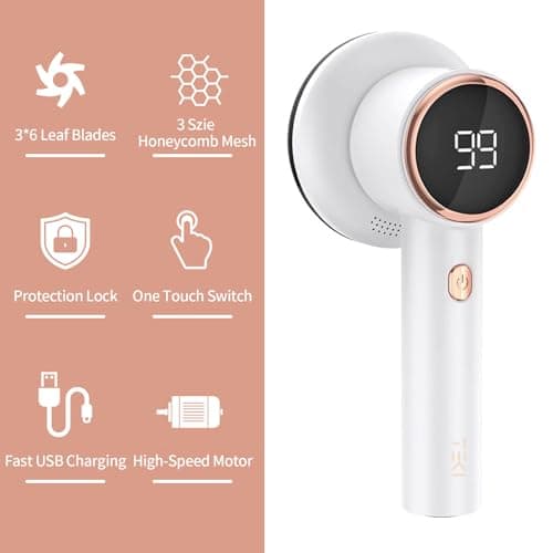 Fabric Shaver Lint Remover for Clothes with 2 Speeds, Digital Display, 6 Leaf Blades, USB Rechargeable Sweater Defuzzer to Remove Pilling Fuzz Ball for Furniture, Couch, Coat.