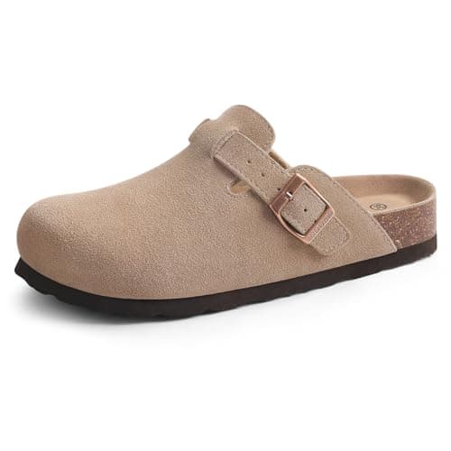 ODOLY Genuine Suede Clogs for Women Men Soft Cork Footbed Leather Mules Comfort Potato Shoes with Arch Support