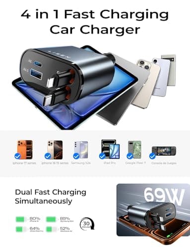 LISEN Retractable Car Charger, 69W USB C Car Accessories Adapter for iPhone 17 USB C Charger Fast Charging, Gifts for Women Men, Travel Essentials, for iPhone 17 Pro Max Air 16 15 14 13 12 Samsung S25