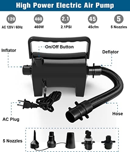 Electric Air Pump Portable 460W Quick-Fill Air Pump Air Flow 45CFM 2.1PSI with Hose 5 Nozzles 120V AC Inflator Deflator Pump for Air Mattress Air Bed Inflatable Cushion Boat Swimming Ring