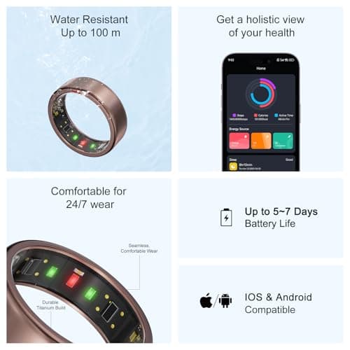 POBOVi Ring OnePlus - Ultra-Thin Titanium Smart Ring - 7 Days Battery Life - Fitness/SPO₂/Stress/HR/Sleep Skin Temperature Tracker - No App Fee - iOS&Android Compatible (Rosegold,7)