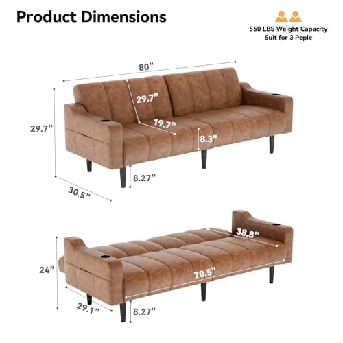 Brelice 80'' Leather Couch, Futon Sofa Bed, Faux Leather Couch with Adjustable Backrest, 2 Cup Holders & Side Pockets, Mid Century Modern Sofa for Living Room, Bedroom, Brown