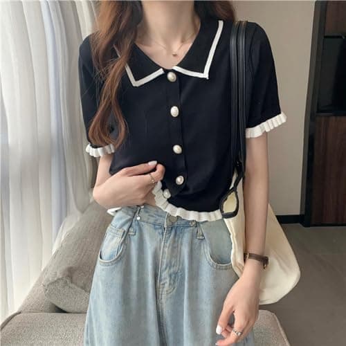 LREUIP Chic Korean Style Academy Style, Contrasting Navy Collar, Versatile Bubble Sleeve Shirt, Loose top, Elegant Goddess