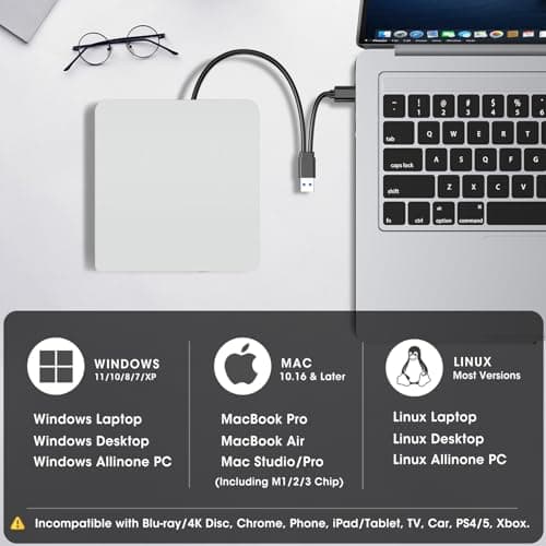 ROOFULL External CD DVD Drive for Mac Laptop, USB 3.0 & USB-C CD DVD Reader Writer Burner Player ROM/RW Portable Optical Disc Drive for Apple MacBook Pro, iMac, Windows 11/10/8/7 Computer PC, White