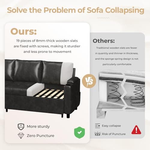 JFHID Leather Sleeper Sofa Couch with Pullout Bed, 80'' Sofa Bed with Storage Chaise, Pull Out Couch with USB&Cup Holders, L-Shaped Convertible Couches for Living Room-Faux Leather, Black