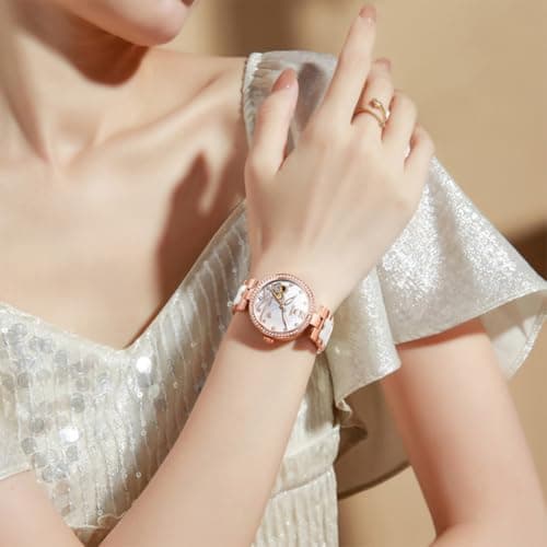 OLEVS Womens Watches Automatic Luxury Dress Ladies Watch Ceramic Strap Rose Gold Self Winding Female Wrist Watch