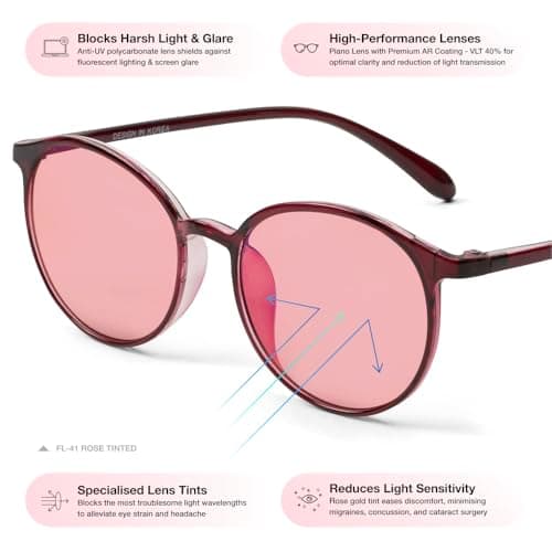 BRADDELL Indoor FL-41 Rose & Outdoor FL-60 Brown Tinted Migraine Light Sensitivity Glasses for Fluorescent LED Glare, Photophobia and Concussion (MEDIUM)