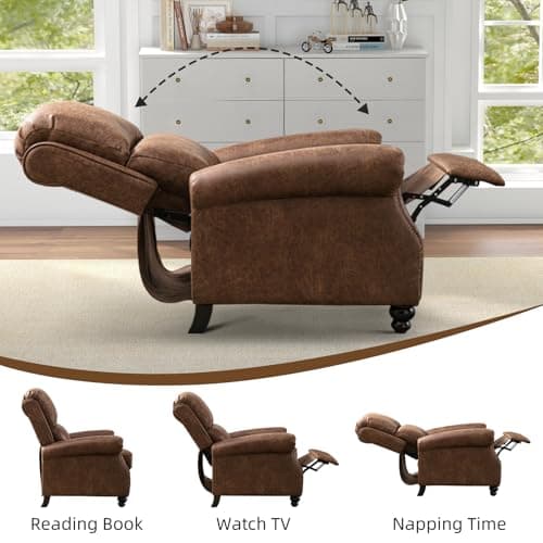 IOMOR Push Back Recliner Chair Faux Leather Lounge Armchair with Rivet Decoration Wingback Single Sofa Chair with Padded Seat Solid Wood Legs for Living Room, Chocolate