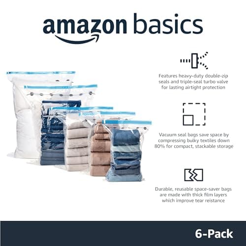 Amazon Basics Multiple Vacuum Compression Zipper Storage Bags for Space Saving and Travel with Hand Pump, 6-Pack (2 Jumbo, 2 Large, 2 Medium), Transparent