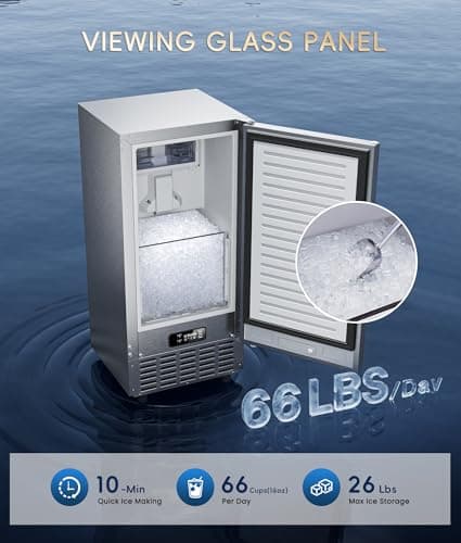 ecozy Under Counter Nugget Ice Maker Machine, Bulit-in & Freestanding, Horizontal Handle, Reversible Door, 66 Lbs/Day, Thickened Viewing Glass Window, Self-Cleaning & 24H Timer, Stainless Steel