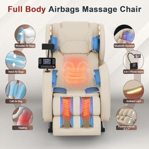 2026 Massage Chair, Massage Chairs Full Body and Recliner with 10 Fixed Points, Zero Gravity, Wood Grain Leather, Foot Massage, Airbags, Lumbar Heating, Bluetooth and Control Screen (Ivory White)