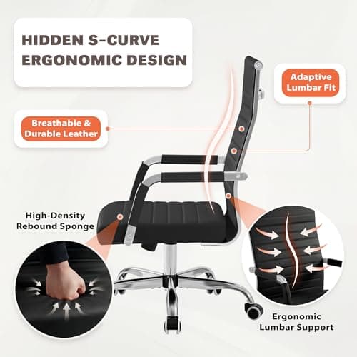 Furmax Ergonomic Office Desk Chair, Executive Ribbed Mid-Back PU Leather Conference Room Chair Adjustable Swivel Chair with Arms (1, Black)