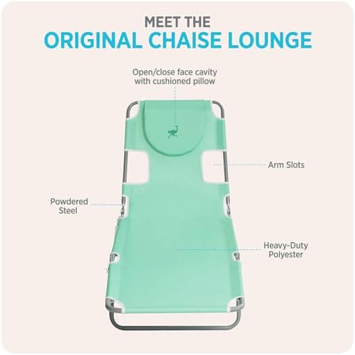 Ostrich the Original Chaise 72 x 22 Inch Lounge Portable Reclining Lounger, Outdoor Patio, Beach, Lawn, Camping, or Pool Tanning Chair, Teal