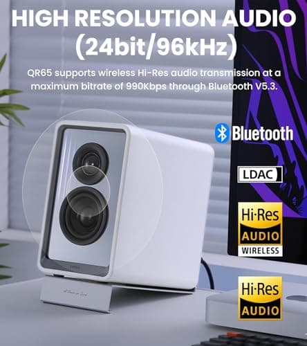Edifier QR65 Desktop Active Monitor with 2.75" Long-Throw Aluminum Diaphragm mid-Low Drivers, Hi-Res Audio, Brilliant Light Effects, 70W Output Power Bluetooth Speakers with Stands - White