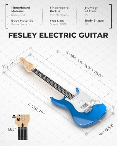 Fesley 39 Inch Electric Guitar: Beginner Electric Guitar Kit with HSS Pickup, Full Size Solid Body Guitar Starter Set with Amplifier, Bag, Strap, String, Cable, Picks, FST100, Blue