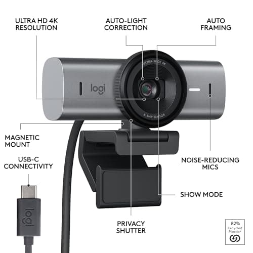 Logitech MX Brio Ultra HD 4K Webcam for Collaboration and Streaming, 1080p 60 FPS, Show Mode, Works with Microsoft Teams, Zoom, Google Meet, Nintendo Switch 2, Graphite