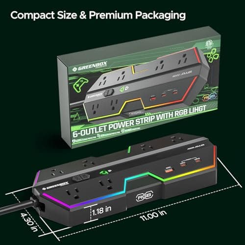 4000J Surge Protector Power Strip with USB Ports, 6 Outlet Power Strip with RGB Lights and PD 20W Fast Charging, Wide-Spaced Outlet Perfect for e-Sports, Game PC, Home and Offices