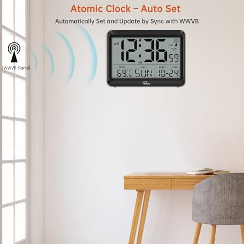 WallarGe Atomic Digital Wall Clock Battery Operated, Self-Setting, Large Display with Temperature, Date, Day of The Week, Silent Wall Mount Digital Clock, 4 Time Zones, DST