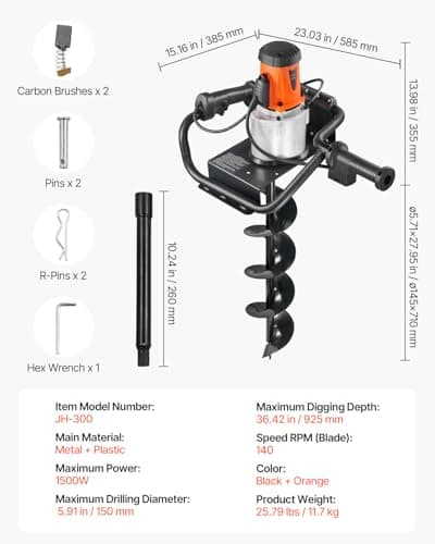 VEVOR Electric Post Hole Digger, 5.71 in Auger Bit with 1500W Powerful Motor, 140 RPM Alloy Steel Earth Auger Drill Bit with 10.24 in Extension Rod, for Post Hole Digging, Drilling & Tree Planting