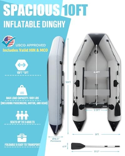 Inflatable Dinghy Boat with Drop-Stitch Floor 10ft Portable Inflatable Boat for 3-4 Adults, Motor Compatible, Heavy-Duty PVC, Ideal for Fishing, Cruising, and Rescue Use