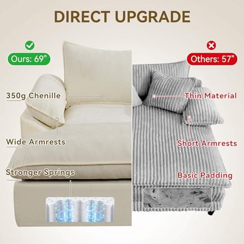 WUTUTUEE 69" Oversized Chaise Lounge Chair Indoor, No Assembly Beige Lounge Couch, Chenille Upholstered Sofa Bed with Pockets, Oversized Reading Chair with Ottoman for Living Room, Bedroom, Office