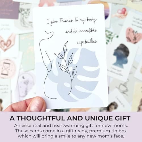 New Mom Affirmation Cards - 50 Postpartum Affirmation Cards for Women - Pregnancy & Self-Care Gifts for New Mom After Birth in Tin Box with Wooden Stand