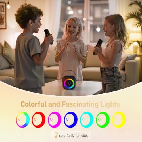 360° Surround Sound,5 Voice Effects,Bluetooth 5.0,LED Lights, TF/USB/AUX, For Kids and Adults, Family Home Party and Gifts Mini Karaoke Machine,Portable Bluetooth Speaker with 2 Wireless Microphones B0CNX6MMK3