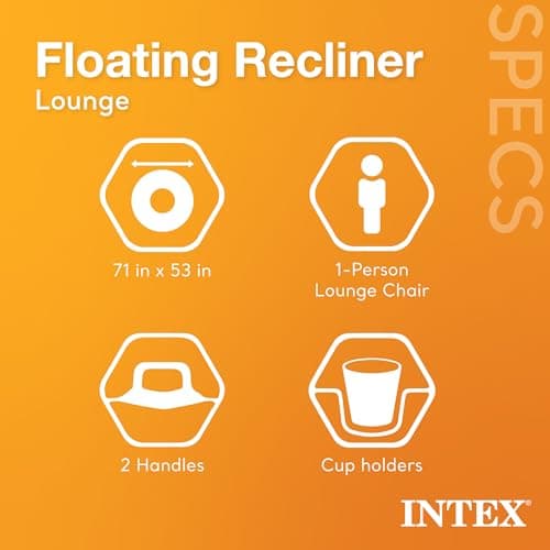 Intex Inflatable Lounge Pool Recliner Lounger Chair with Cup Holders - Heavy-Duty Float Raft for Adults, 220 Lb Capacity Large Floating Tanning Chair