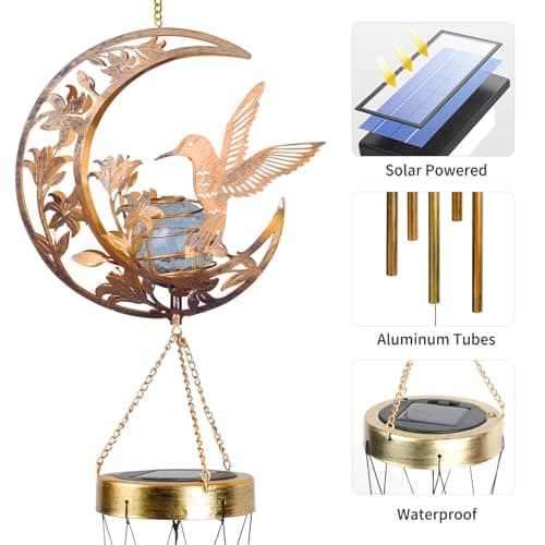 Moon Hummingbird Wind Chime Outdoor, Handcrafted Metal Garden Wind Chimes with Hummingbird Charms, Melodic Wind Bells for Patio Porch Decor, Weatherproof Gift for Nature Lovers & Bird Watchers B0F9YH8KZP