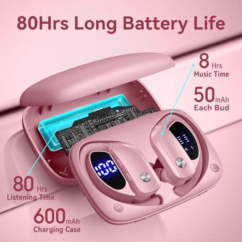 bmani Ear Buds Wireless Earbuds Bluetooth Headphones with 80H Playtime LED Display Case, Over-Ear Hook with Mic, Stereo Sound, Easy Button Controls, Sports Earphones for Running Workout Gym Pink