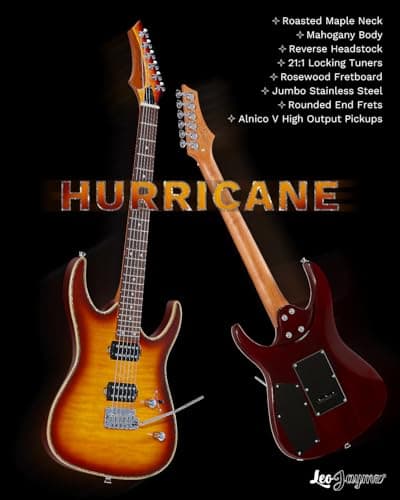 Leo Jaymz Hurricane Series Electric Guitar,Double Cut Arched Top Mahogany Body,Reverse Headstock,Roasted Maple Neck,Rosewood Fretboard,Alnico V Pickups,Locking Tuners,Tremolo Bridge (Sunburst)