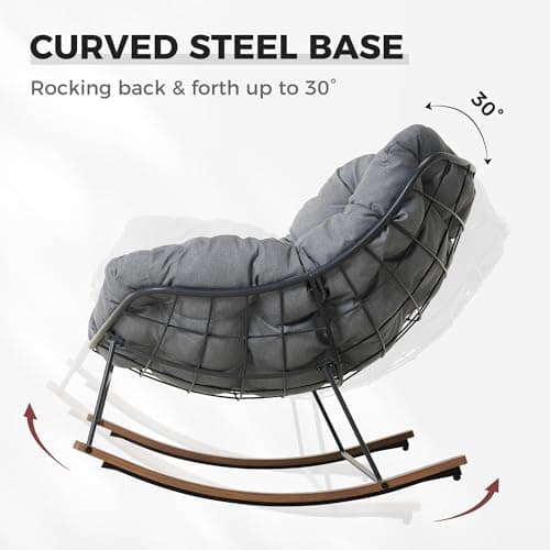 Grand patio Outdoor Rocking Chair, Oversized Papasan Rocking Chair with Thick Cushion, Indoor Outdoor Cozy Rocker for Balcony, Living Room, Patio, Gray