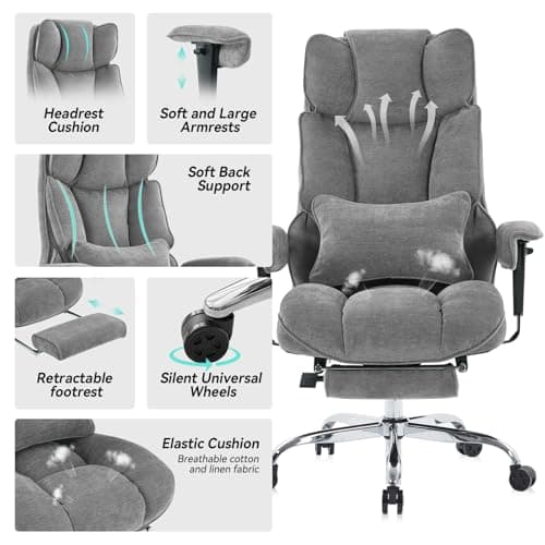 Efomao Executive Office Chair, Soft-Cushioned Computer Chair with Foot Rest, Fabric Home Office Desk Chairs, Big and Tall Office Chairs, Grey