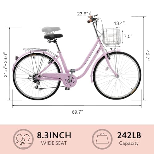 26" Beach Cruiser Bike, Commuter Bicycle, 7 Speed/Linear Pull Brakes/Widen Seat Men & Women Bike, Adult and Teens Bicycle for Urban Commuter