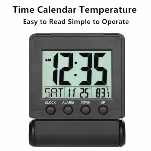 FAMICOZY Small Folding Digital Travel Alarm Clock with Day/Month/Date/Indoor Temperature,Easy to Read and Set,High/Low Alarm Volume,9 Min Snooze,Backlight on Demand,Bedside Calendar Alarm Clock,Black