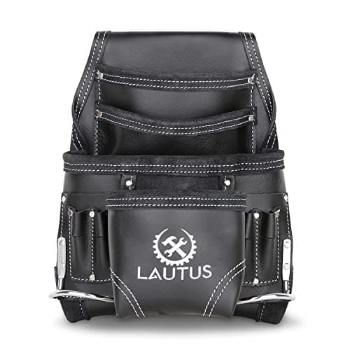 LAUTUS Oil Tanned Leather Tool Pouch Bag | Black | Carpenter, Construction, Framers, Handyman | 10 Pockets, 2 Hammer Holders | 100% Leather