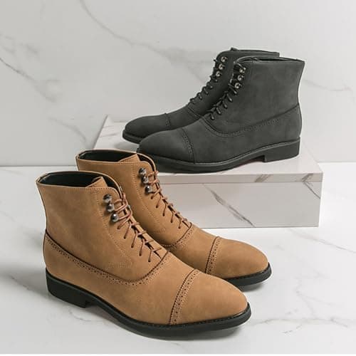 OXNGEOS Men's Suede Classic Brogue Cap Toe Chunky Heel Oxford Boots Comfort Non-Slip Lace Up Low Heel Chelsea Boots Casual Business Dress Chukka Boots