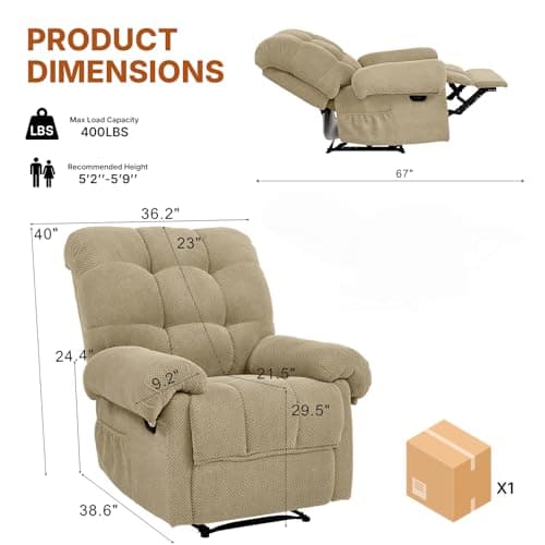 Comfy Recliner Chair for Elderly Seniors Adults, Overstuffed Manual Recliner, Ergonomic Back Pain Relief w/Pockets, Reading Apt Bedroom Living Room, Birthday Gift, Camel