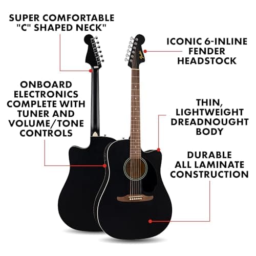 Fender California Debut Redondo CE Series Acoustic Guitar, Beginner Guitar, 2-Year Warranty, Includes Built-In Tuner, Black