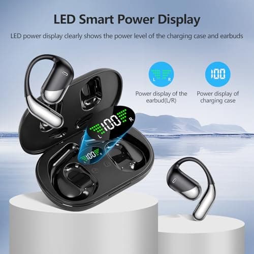 Open Ear Wireless Earbuds Headphones, Bluetooth Built-in Mic,Waterproof, LED Display Charging Case,on Ear Hooks clip Ear Buds，Ultra-Comfort Earphones Design for Running Fitness workout office gym