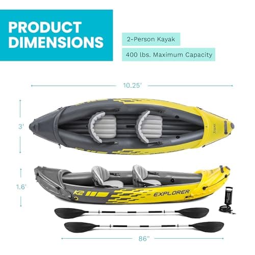 Intex 68307EP Explorer K2 Inflatable Kayak Set: Includes Deluxe 86in Aluminum Oars and High-Output Pump – SuperStrong PVC – Adjustable Seats with Backrest – 400lb Weight Capacity